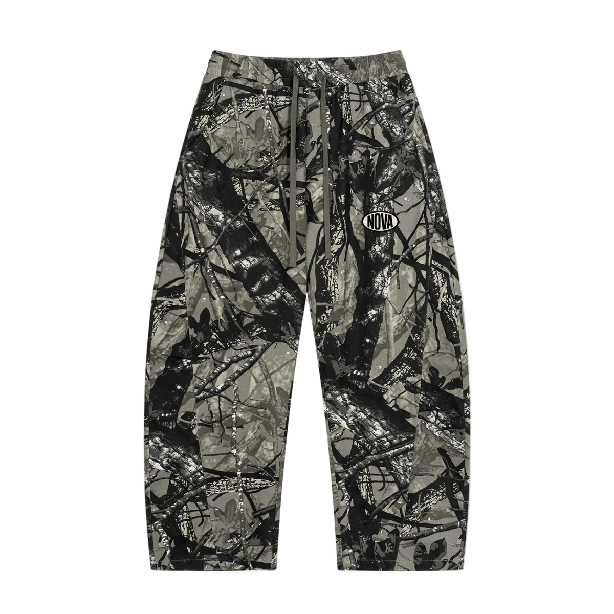 TIMBER CAMO DRAWSTRING PANTS – Barrel Leg Pants in Tree Camo von NOVA STUDIO